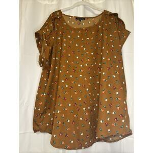 New Glory Blouse Shirt Women's 2X Brown Gold Floral Print Polyester Short Sleeve
